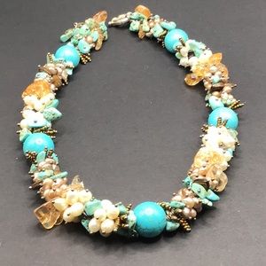 Turquoise, pearl and glass beads!  Rare statement piece, Fun and chunky!